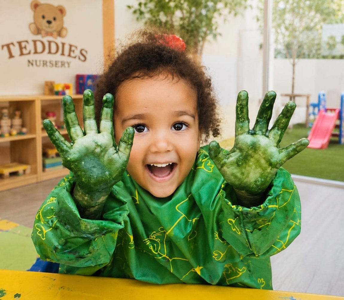 A joyful child exploring messy play at Teddies